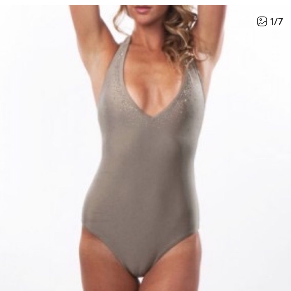 Bellissima Swimsuit NWT Swarovski Crystals Vneck One Piece Gray/Brown Wms Med - Picture 1 of 7